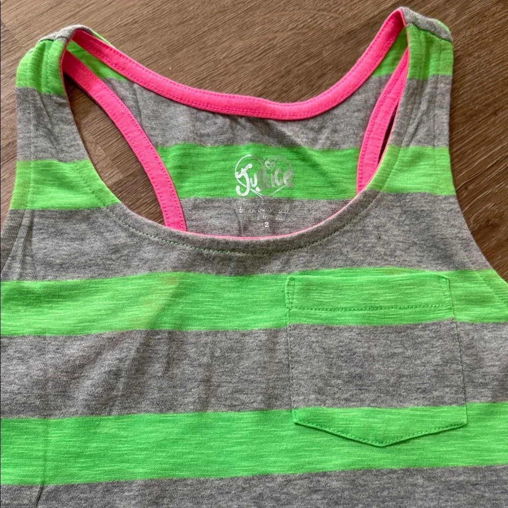 Justice Girls Striped Bright Green and Gray Tank Top, Size 12